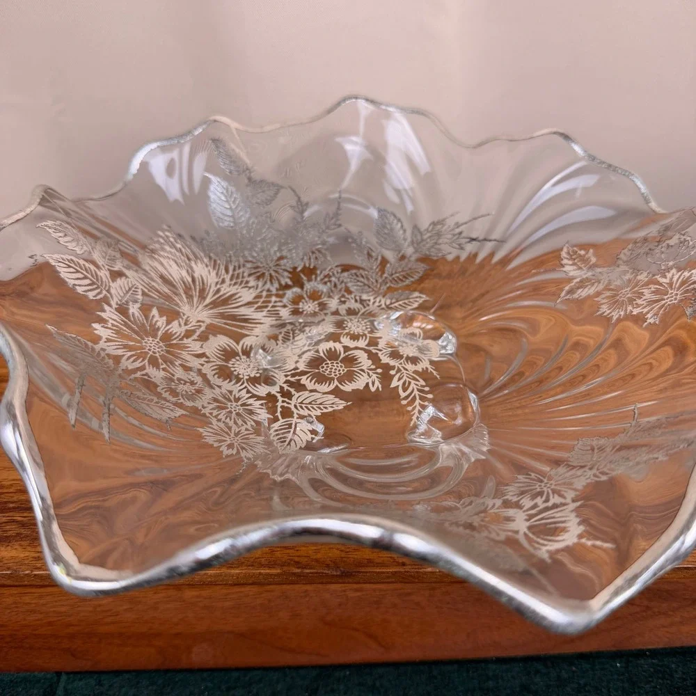 Vintage Silver Overlay Glass Footed Bowl Scalloped Floral Centerpiece 11 Inch